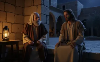 nicodemus and jesus meeting at night in an open courtyard.