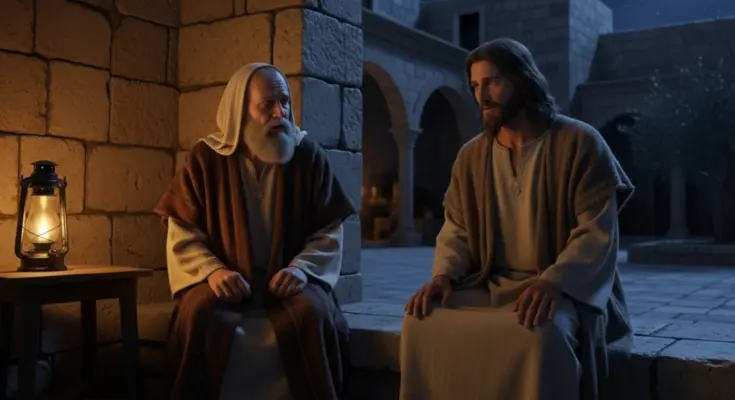 nicodemus and jesus meeting at night in an open courtyard.