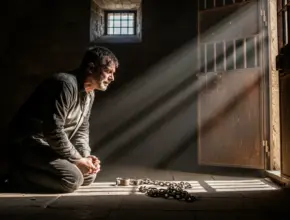Man kneeling beside broken chains as light enters a cell, symbolizing freedom from sin in Romans Chapter 6.