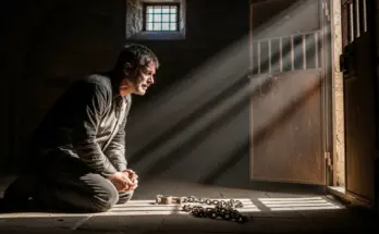 Man kneeling beside broken chains as light enters a cell, symbolizing freedom from sin in Romans Chapter 6.