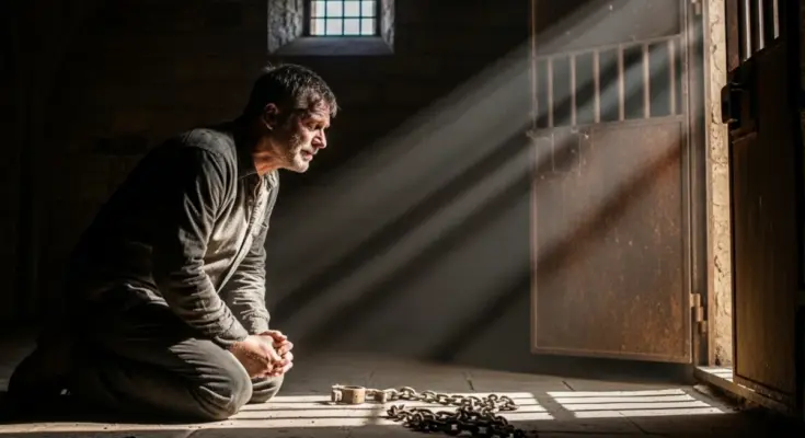 Man kneeling beside broken chains as light enters a cell, symbolizing freedom from sin in Romans Chapter 6.