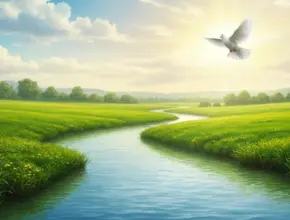 A peaceful riverside landscape beneath a bright blue sky. A gentle river flows through green fields as a white dove soars overhead, symbolizing the Holy Spirit bringing life and peace from Romans chapter 8.