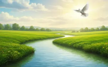 A peaceful riverside landscape beneath a bright blue sky. A gentle river flows through green fields as a white dove soars overhead, symbolizing the Holy Spirit bringing life and peace from Romans chapter 8.