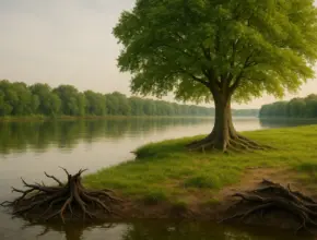 A thriving tree beside still water contrasting with a withered root, illustrating the warning against bitterness in soap bible study: Hebrews 12:14–17.