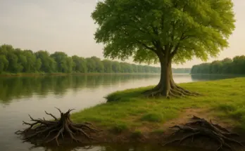 A thriving tree beside still water contrasting with a withered root, illustrating the warning against bitterness in soap bible study: Hebrews 12:14–17.