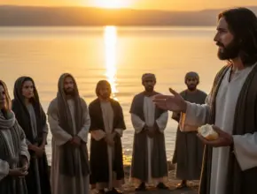 soap bible study: john 6:28-29. Jesus teaching the crowd near the Sea of Galilee about believing in Him, symbolizing faith as the true work of God.