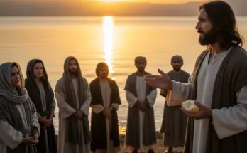 soap bible study: john 6:28-29. Jesus teaching the crowd near the Sea of Galilee about believing in Him, symbolizing faith as the true work of God.