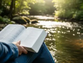 inspired by soap bible study: psalms 1:1-2 a believer meditating on Scripture beside a stream, inspired by Psalm 1:1-2.