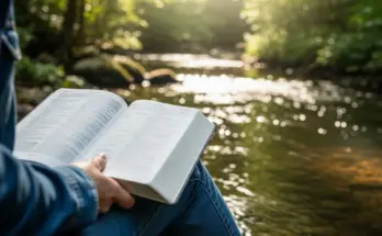 inspired by soap bible study: psalms 1:1-2 a believer meditating on Scripture beside a stream, inspired by Psalm 1:1-2.