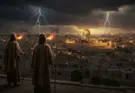 Symbolic photo-realistic scene of the Two Witnesses in Revelation 11 standing between olive trees and golden lampstands near the Jerusalem temple wall.
