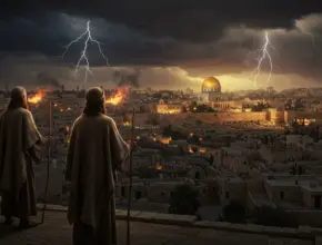 Symbolic photo-realistic scene of the Two Witnesses in Revelation 11 standing between olive trees and golden lampstands near the Jerusalem temple wall.