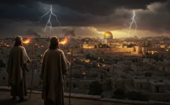 Symbolic photo-realistic scene of the Two Witnesses in Revelation 11 standing between olive trees and golden lampstands near the Jerusalem temple wall.