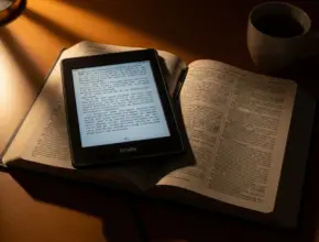 Kindle displaying digital books with study tools around it. How to add Bible resources to Kindle.