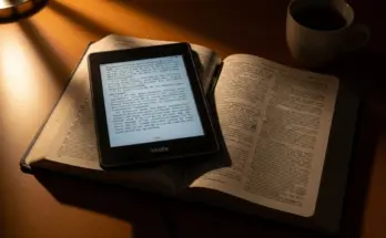 Kindle displaying digital books with study tools around it. How to add Bible resources to Kindle.