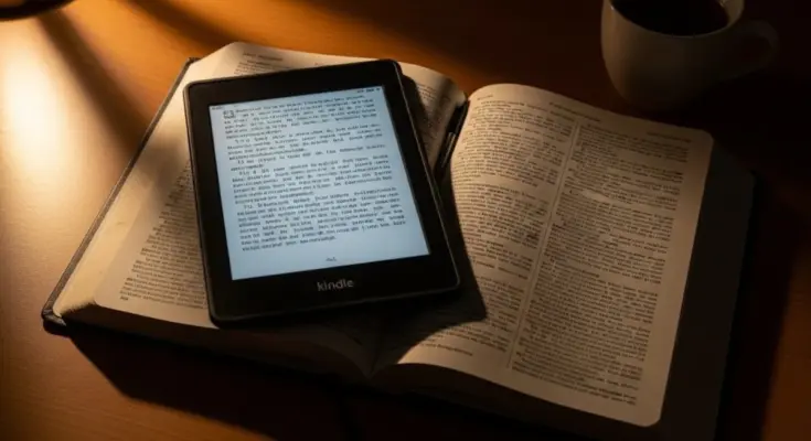 Kindle displaying digital books with study tools around it. How to add Bible resources to Kindle.
