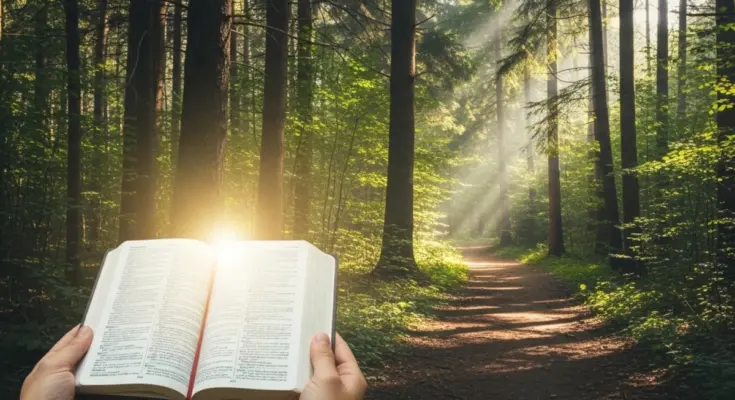 A forest path with hands holding an open Bible, showing guidance from biblical truth for today.