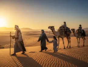 Abram leading his family through the desert at sunrise toward Canaan, representing faith and obedience from Genesis 12.