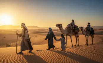 Abram leading his family through the desert at sunrise toward Canaan, representing faith and obedience from Genesis 12.