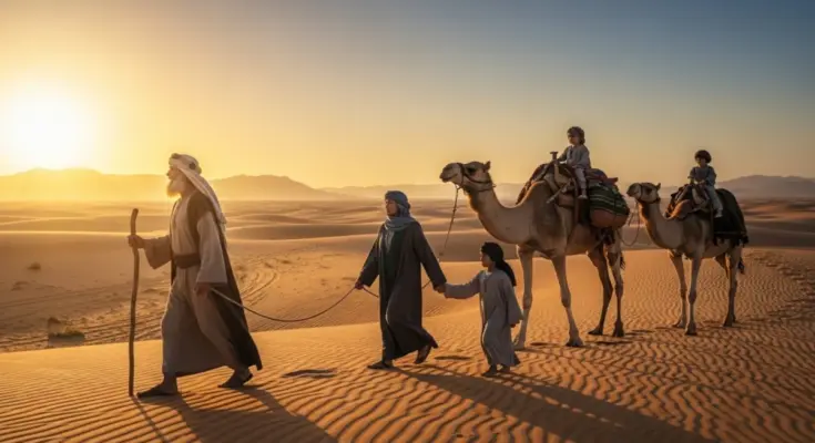 Abram leading his family through the desert at sunrise toward Canaan, representing faith and obedience from Genesis 12.