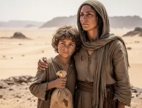 ishmael and hagar walking through the desert looking worn out and hagard.