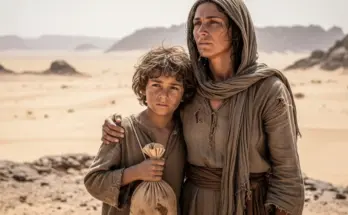 ishmael and hagar walking through the desert looking worn out and hagard.
