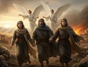 Lot and his daughters fleeing Sodom at dawn with angels guiding them as fire lights the sky behind them.