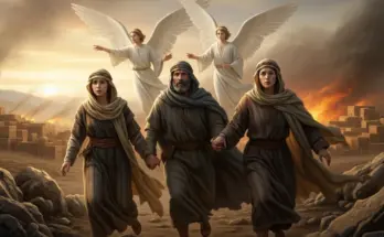 Lot and his daughters fleeing Sodom at dawn with angels guiding them as fire lights the sky behind them.