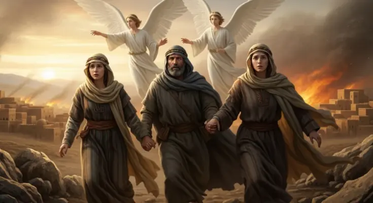 Lot and his daughters fleeing Sodom at dawn with angels guiding them as fire lights the sky behind them.