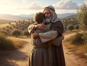 Father embraces his repentant son on a country road — a symbol of forgiveness in the Parable of the Prodigal Son.