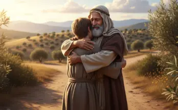 Father embraces his repentant son on a country road — a symbol of forgiveness in the Parable of the Prodigal Son.