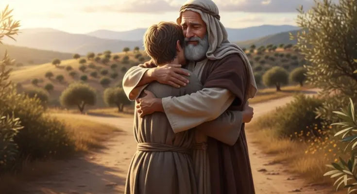 Father embraces his repentant son on a country road — a symbol of forgiveness in the Parable of the Prodigal Son.