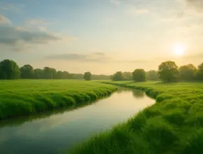 Green pasture and calm reflective stream at sunrise illustrating Psalm 23.
