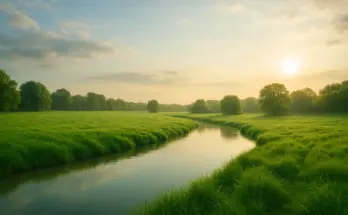 Green pasture and calm reflective stream at sunrise illustrating Psalm 23.