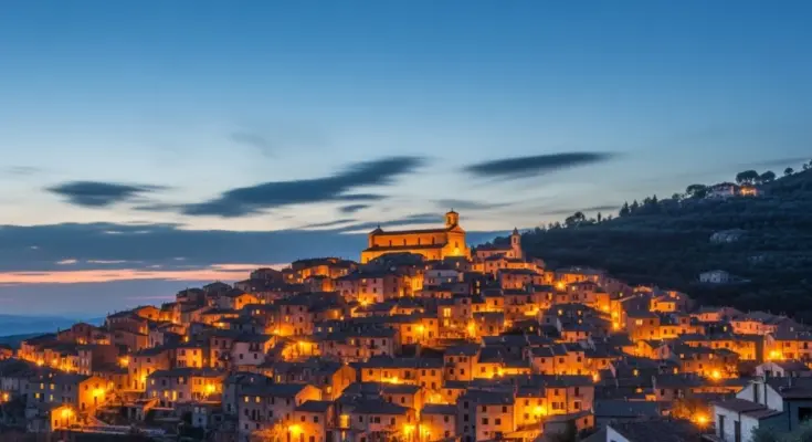 From soap bible study: matthew 5:14-16, a glowing city on a hill at dusk with warm lights shining across the landscape, symbolizing Jesus’ teaching in Matthew 5:14-16 about being the light of the world.