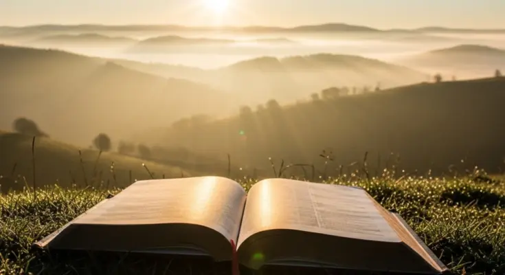 Peaceful sunrise with open Bible representing new life through the Holy Spirit from Romans 8:5-11.