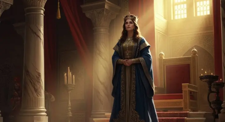 esther untold story. Queen esther standing in anticipation of entrace to the king.