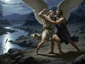 jacob wrestles with an angel by a river.