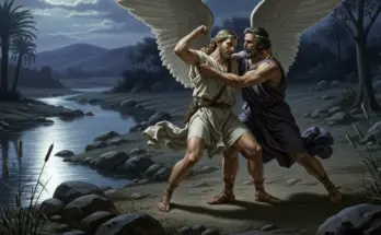 jacob wrestles with an angel by a river.