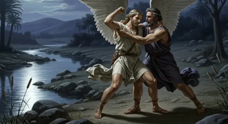 jacob wrestles with an angel by a river.