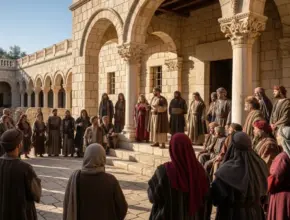 james character study showing a jewish couryard with a group of people from the jerusalem council.