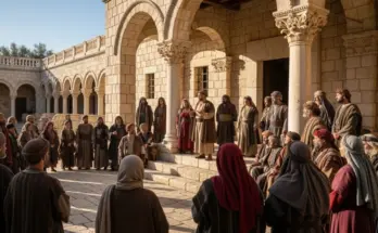 james character study showing a jewish couryard with a group of people from the jerusalem council.