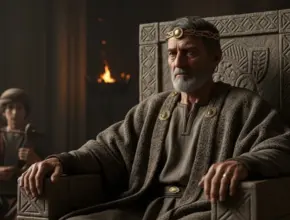 king saul sitting on his throne with david in the background playing the harp.