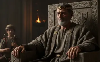 king saul sitting on his throne with david in the background playing the harp.