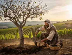 parable of the barren fig tree. A gardener putting manure at the bottom of a fig tree to try to heal it.
