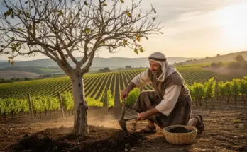 parable of the barren fig tree. A gardener putting manure at the bottom of a fig tree to try to heal it.