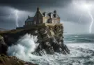 parable of the wise and foolish builders. House built on rock standing firm during a storm.