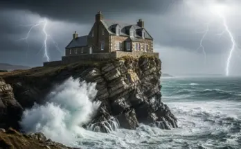 parable of the wise and foolish builders. House built on rock standing firm during a storm.