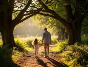 soap bible study: deuteronomy 6:5-7, a father and daughter walk along a path of a beautiful meadow.