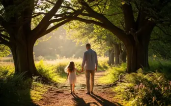 soap bible study: deuteronomy 6:5-7, a father and daughter walk along a path of a beautiful meadow.