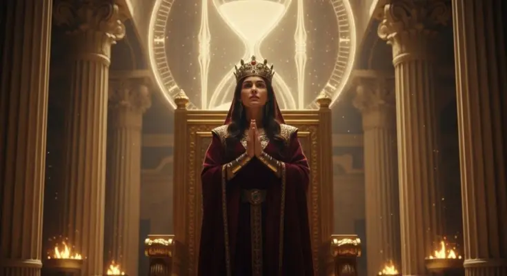 book of esther outline. Queen esther standing in front of the royal throne.